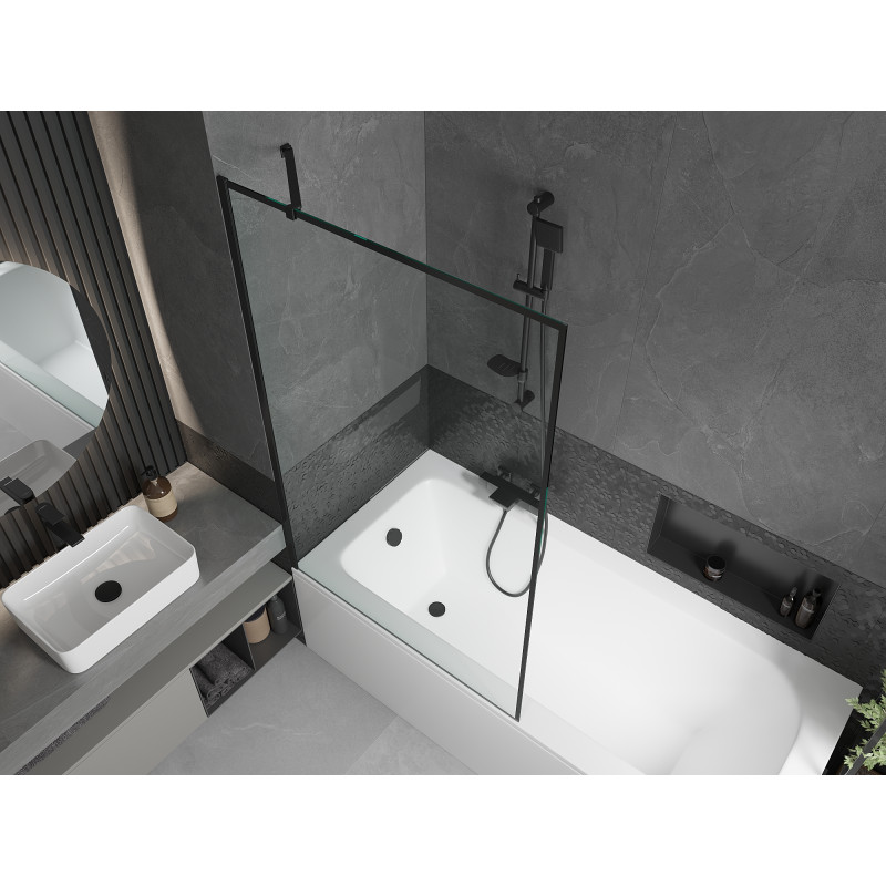 Mexen Vega Rechteckige Badewanne 150 x 70 cm mit Verkleidung und 1-flügeliger Duschabtrennung 100 cm, schwarzes Muster