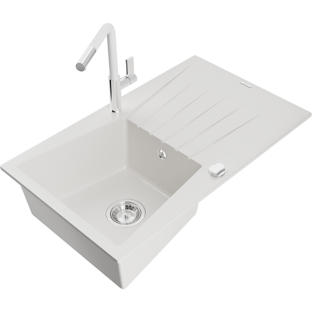 Mexen Cesar Granitspüle 1-Becken mit Abtropffläche und Küchenarmatur Flora, weiß - 6514-20-670401-02