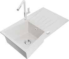 Mexen Cesar Granitspüle 1-Becken mit Abtropffläche und Küchenarmatur Flora, weiß - 6514-20-670401-02