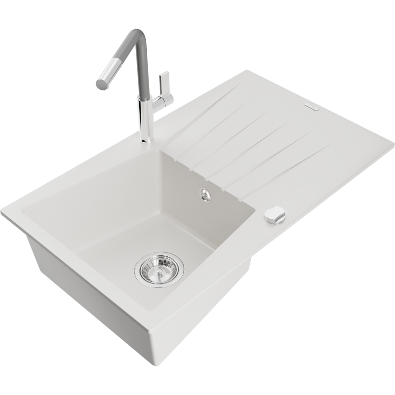 Mexen Cesar Granitspüle 1-Becken mit Abtropffläche und Küchenarmatur Flora, weiß - 6514-20-670401-06