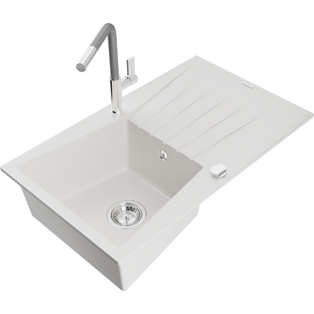 Mexen Cesar Granitspüle 1-Becken mit Abtropffläche und Küchenarmatur Flora, weiß - 6514-20-670401-06