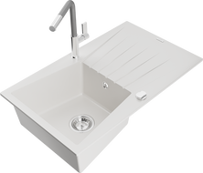 Mexen Cesar Granitspüle 1-Becken mit Abtropffläche und Küchenarmatur Flora, weiß - 6514-20-670401-06