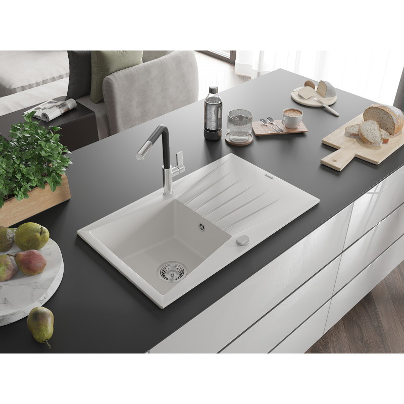 Mexen Cesar Granitspüle 1-Becken mit Abtropffläche und Küchenarmatur Flora, weiß - 6514-20-670401-07