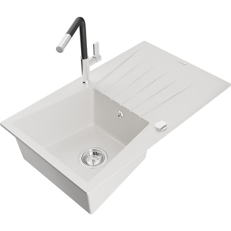 Mexen Cesar Granitspüle 1-Becken mit Abtropffläche und Küchenarmatur Flora, weiß - 6514-20-670401-07