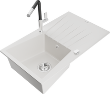 Mexen Cesar Granitspüle 1-Becken mit Abtropffläche und Küchenarmatur Flora, weiß - 6514-20-670401-07