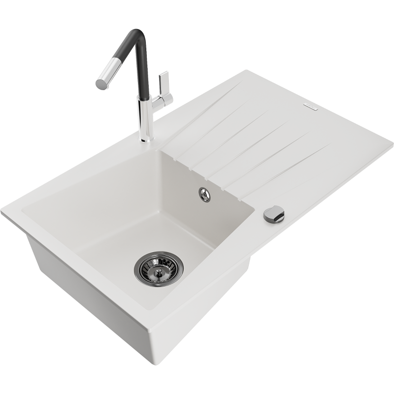 Mexen Cesar Granitspüle 1-Becken mit Abtropffläche und Küchenarmatur Flora, weiß - 6514-20-670401-07-B
