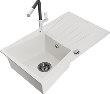 Mexen Cesar Granitspüle 1-Becken mit Abtropffläche und Küchenarmatur Flora, weiß - 6514-20-670401-07-B