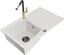 Mexen Cesar Granitspüle 1-Becken mit Abtropffläche und Küchenarmatur Flora, weiß - 6514-20-670401-57-B