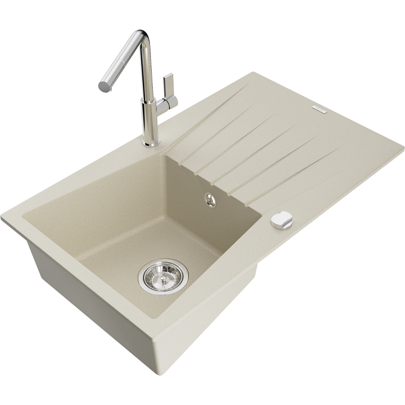 Mexen Cesar Granitspüle 1-beckig mit Abtropffläche und Küchenarmatur Flora, beige - 6514-69-670401-00