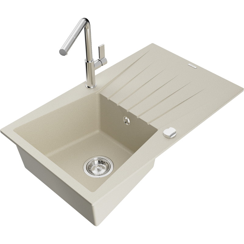 Mexen Cesar Granitspüle mit 1 Becken, Abtropffläche und Küchenarmatur Flora, beige - 6514-69-670401-00