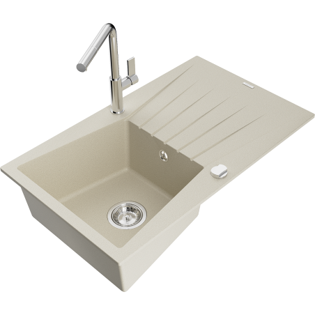 Mexen Cesar Granitspüle 1-beckig mit Abtropffläche und Küchenarmatur Flora, beige - 6514-69-670401-00
