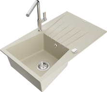 Mexen Cesar Granitspüle 1-beckig mit Abtropffläche und Küchenarmatur Flora, beige - 6514-69-670401-00