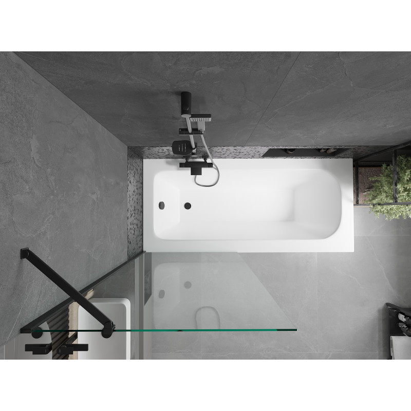 Mexen Vega Rechteckige Badewanne 160 x 70 cm mit Verkleidung und 1-flügeliger Duschwand 80 cm, transparent, schwarz