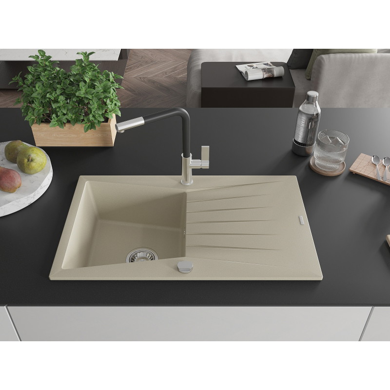 Mexen Cesar Granitspüle 1-beckig mit Abtropffläche und Küchenarmatur Flora, beige - 6514-69-670401-07