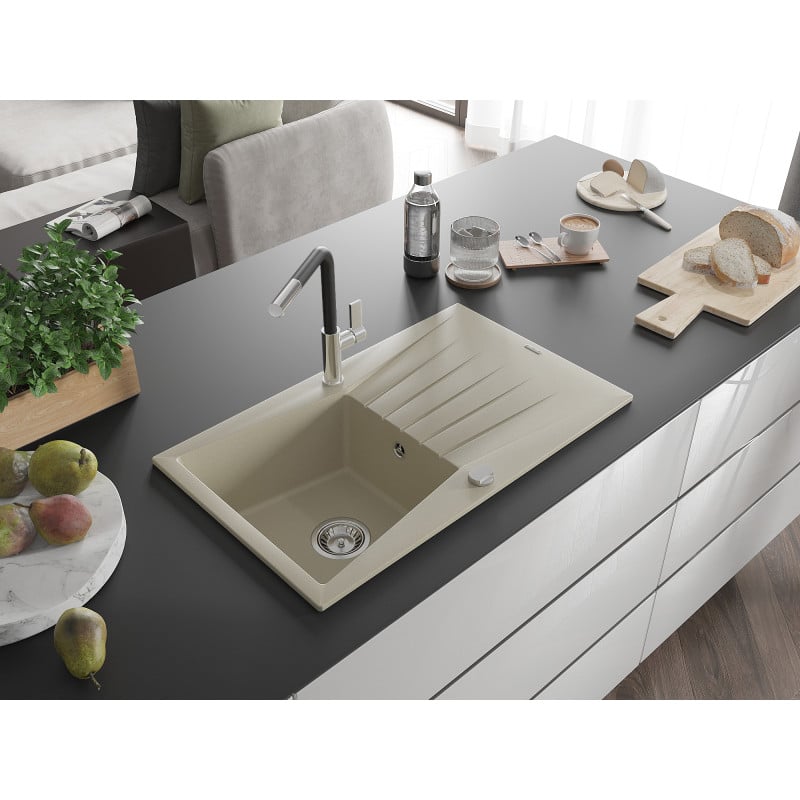 Mexen Cesar Granitspüle 1-Becken mit Abtropffläche und Küchenarmatur Flora, beige - 6514-69-670401-07