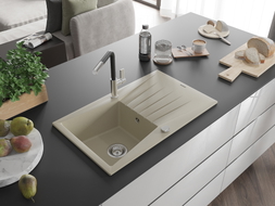 Mexen Cesar Granitspüle 1-Becken mit Abtropffläche und Küchenarmatur Flora, beige - 6514-69-670401-07