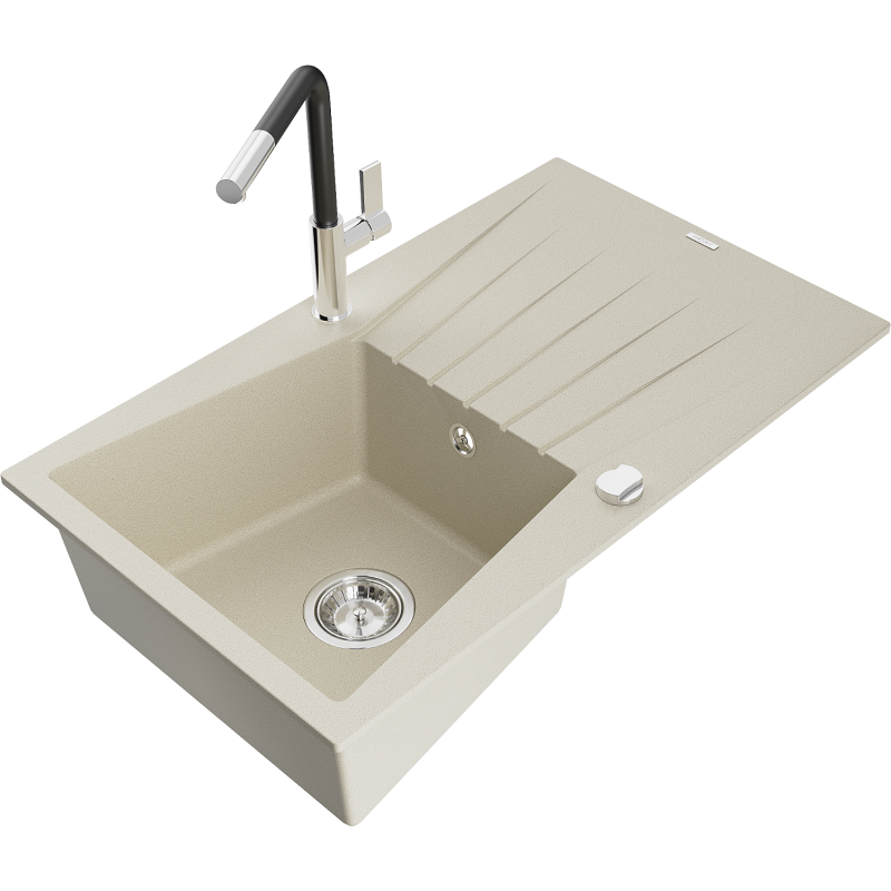 Mexen Cesar Granitspüle 1-Becken mit Abtropffläche und Küchenarmatur Flora, beige - 6514-69-670401-07
