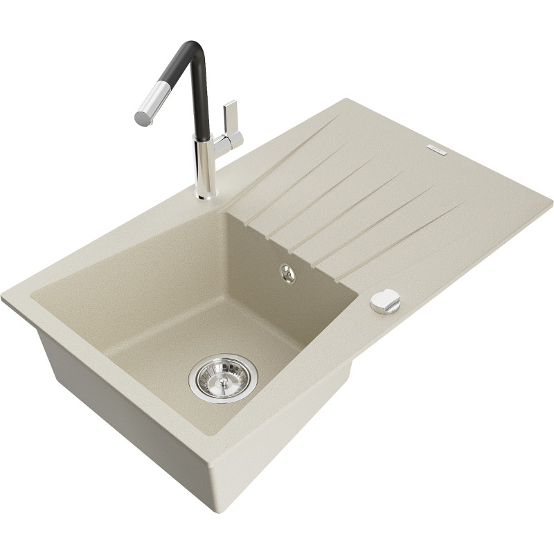 Mexen Cesar Granitspüle 1-beckig mit Abtropffläche und Küchenarmatur Flora, beige - 6514-69-670401-07