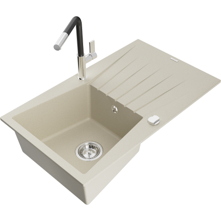 Mexen Cesar Granitspüle 1-beckig mit Abtropffläche und Küchenarmatur Flora, beige - 6514-69-670401-07