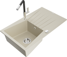 Mexen Cesar Granitspüle 1-Becken mit Abtropffläche und Küchenarmatur Flora, beige - 6514-69-670401-07