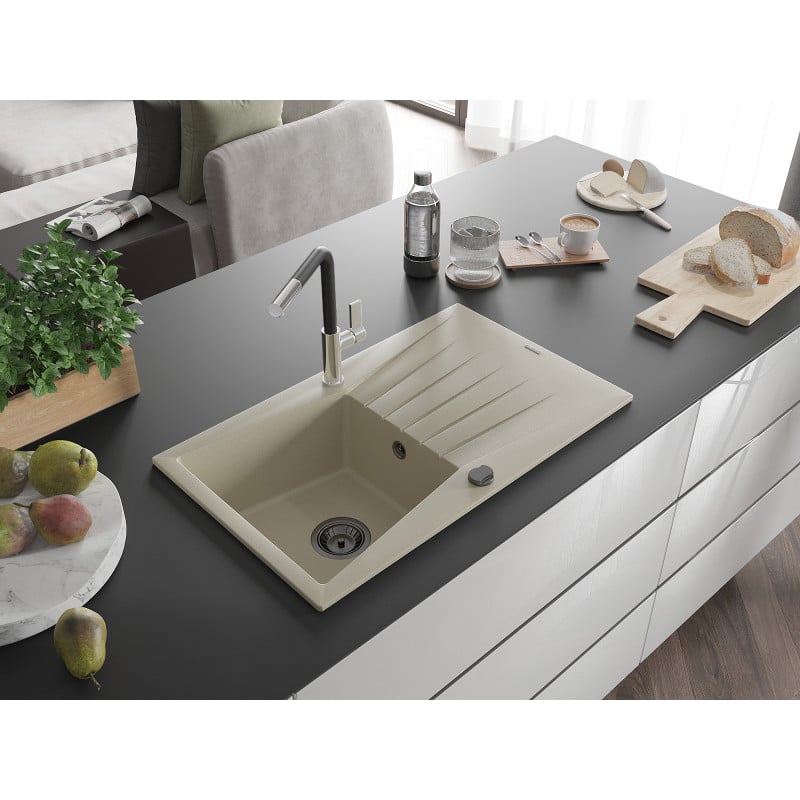 Mexen Cesar Granitspüle 1-Becken mit Abtropffläche und Küchenarmatur Flora, beige - 6514-69-670401-07-B