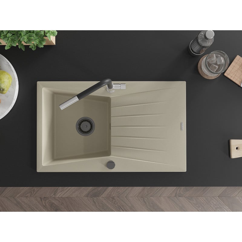 Mexen Cesar Granitspüle 1-Becken mit Abtropffläche und Küchenarmatur Flora, beige - 6514-69-670401-07-B