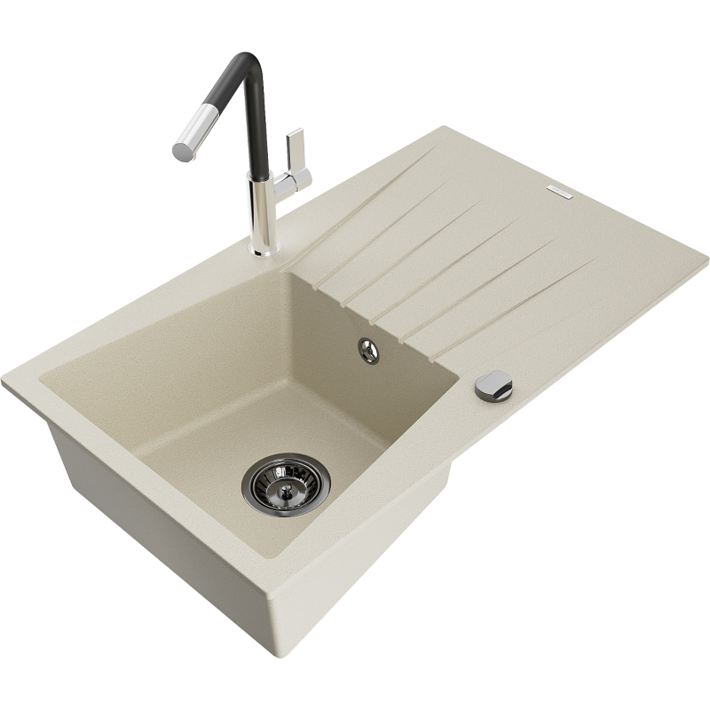Mexen Cesar Granitspüle 1-Becken mit Abtropffläche und Küchenarmatur Flora, beige - 6514-69-670401-07-B