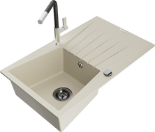 Mexen Cesar Granitspüle 1-Becken mit Abtropffläche und Küchenarmatur Flora, beige - 6514-69-670401-07-B