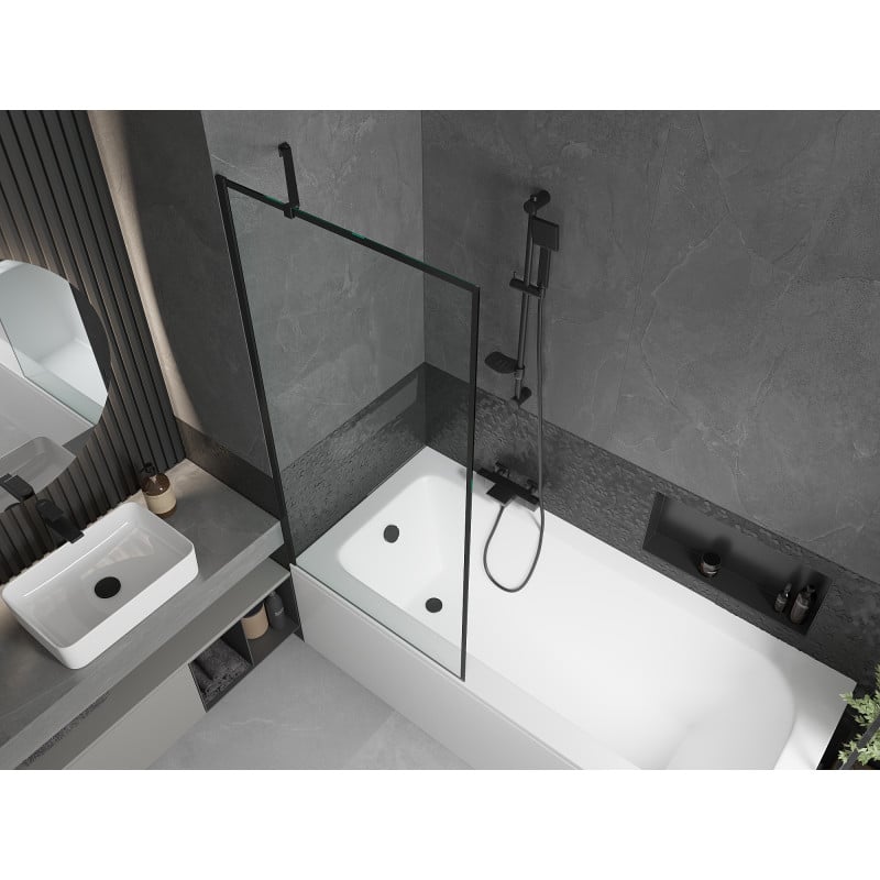 Mexen Vega rechteckige Badewanne 160 x 70 cm mit Verkleidung und 1-flügeliger Abtrennung 80 cm, schwarzes Muster