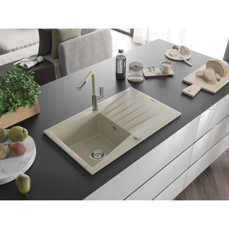 Mexen Cesar Granitspüle 1-Becken mit Abtropffläche und Küchenarmatur Flora, beige - 6514-69-670401-09
