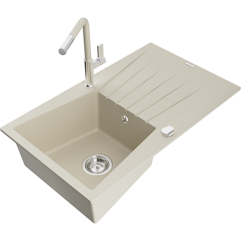 Mexen Cesar Granitspüle 1-Becken mit Abtropffläche und Küchenarmatur Flora, beige - 6514-69-670401-09