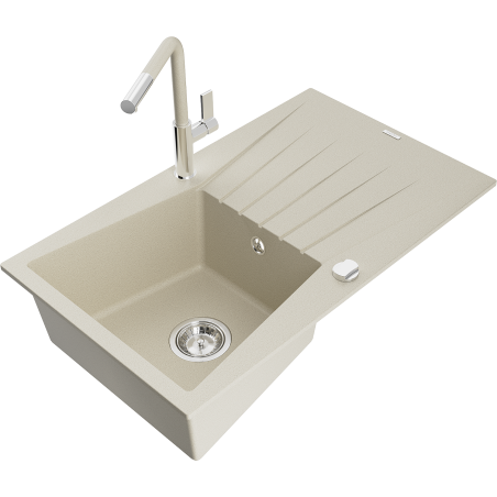 Mexen Cesar Granitspüle 1-Becken mit Abtropffläche und Küchenarmatur Flora, beige - 6514-69-670401-09