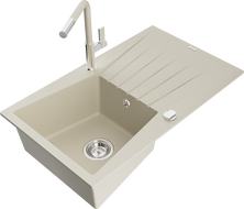 Mexen Cesar Granitspüle 1-Becken mit Abtropffläche und Küchenarmatur Flora, beige - 6514-69-670401-09