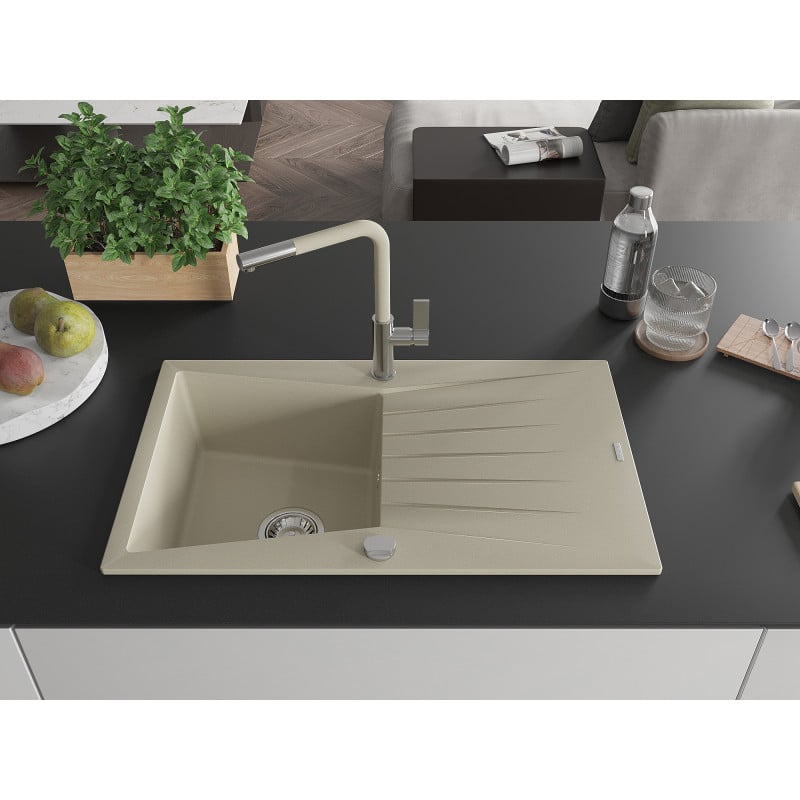 Mexen Cesar Granitspüle 1-Becken mit Abtropffläche und Küchenarmatur Flora, beige - 6514-69-670401-09