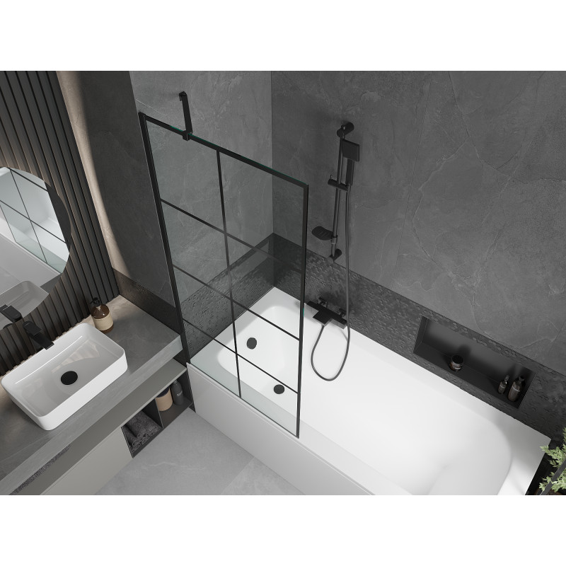 Mexen Vega Rechteckige Badewanne 160 x 70 cm mit Verkleidung und 1-flügeliger 80 cm Duschabtrennung, schwarzes Muster