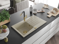 Mexen Cesar Granitspüle 1-Becken mit Abtropffläche und Küchenarmatur Flora, beige - 6514-69-670401-57-G