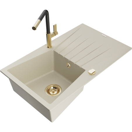 Mexen Cesar Granitspüle 1-Becken mit Abtropffläche und Küchenarmatur Flora, beige - 6514-69-670401-57-G
