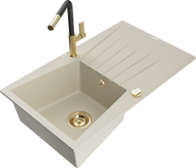 Mexen Cesar Granitspüle 1-Becken mit Abtropffläche und Küchenarmatur Flora, beige - 6514-69-670401-57-G