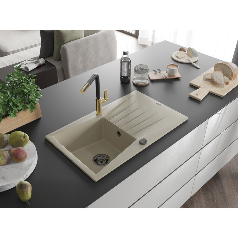 Mexen Cesar Granitspüle, 1-Becken mit Abtropffläche und Küchenarmatur Flora, Beige - 6514-69-670401-57-B