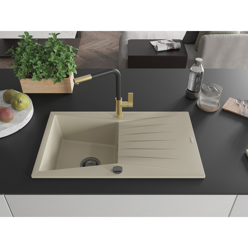 Mexen Cesar Einzelbecken-Granitle Spüle mit Abtropffläche und Küchenarmatur Flora, beige - 6514-69-670401-57-B