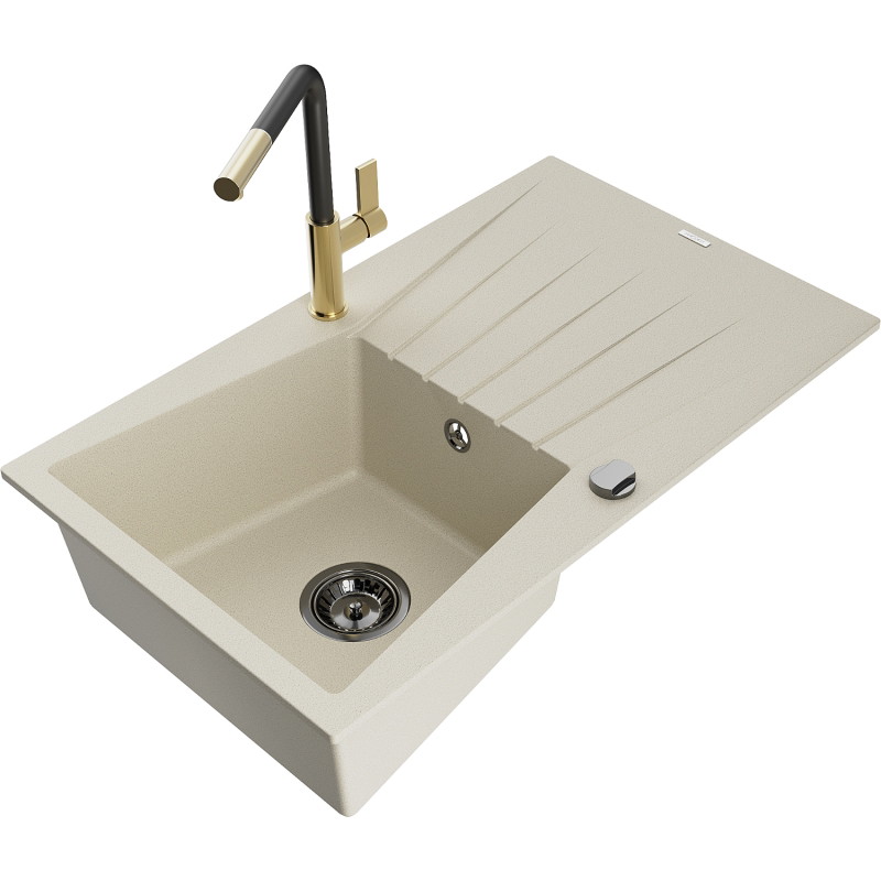 Mexen Cesar Einzelbecken-Granitle Spüle mit Abtropffläche und Küchenarmatur Flora, beige - 6514-69-670401-57-B