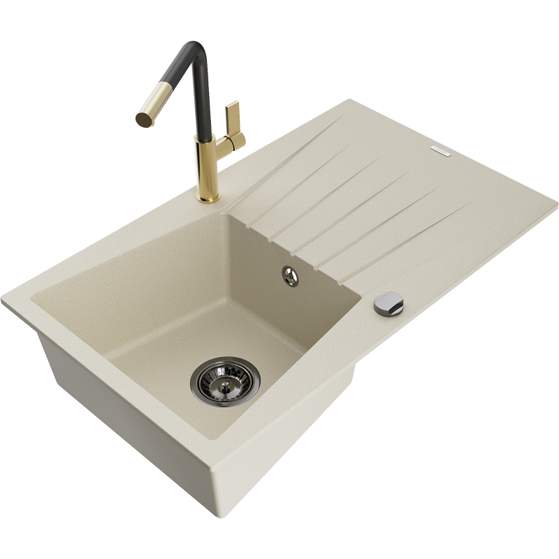 Mexen Cesar Granitspüle, 1-Becken mit Abtropffläche und Küchenarmatur Flora, Beige - 6514-69-670401-57-B