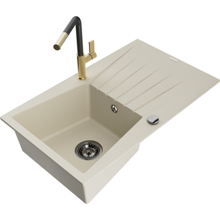 Mexen Cesar Granitspüle, 1-Becken mit Abtropffläche und Küchenarmatur Flora, Beige - 6514-69-670401-57-B