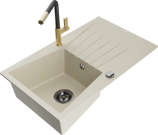 Mexen Cesar Granitspüle, 1-Becken mit Abtropffläche und Küchenarmatur Flora, Beige - 6514-69-670401-57-B