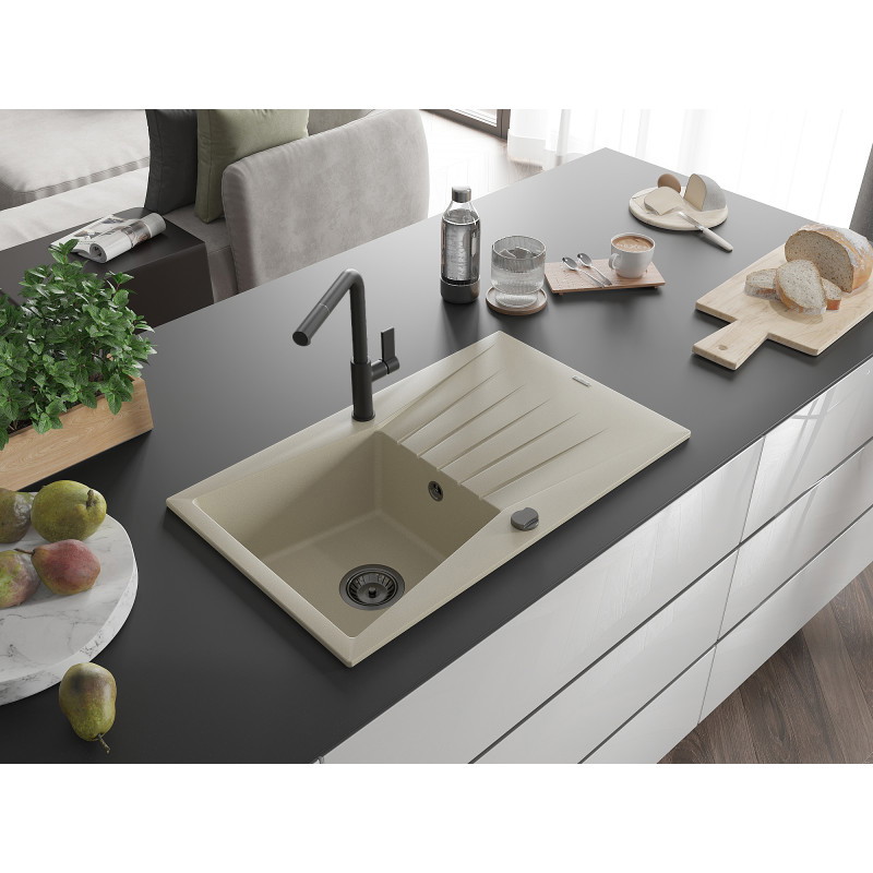 Mexen Cesar Granitspüle 1-Becken mit Abtropffläche und Küchenarmatur Flora, beige - 6514-69-670401-70-B