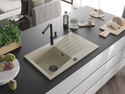 Mexen Cesar Granitspüle 1-Becken mit Abtropffläche und Küchenarmatur Flora, beige - 6514-69-670401-70-B