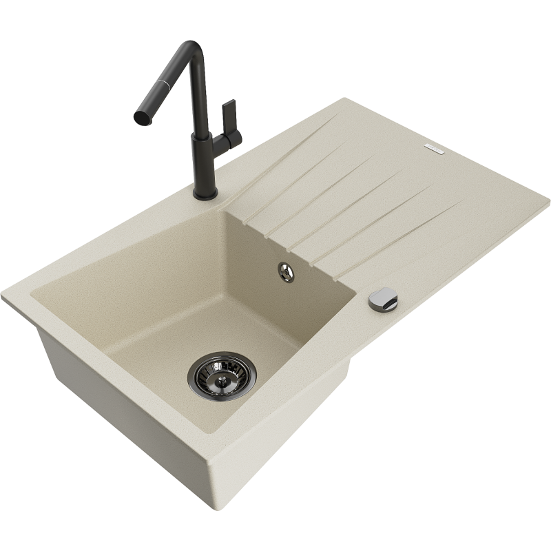 Mexen Cesar Granitspüle 1-Becken mit Abtropffläche und Küchenarmatur Flora, beige - 6514-69-670401-70-B
