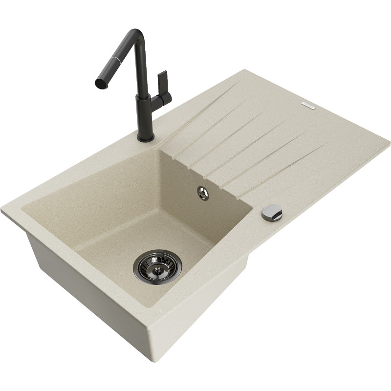Mexen Cesar Granitspüle 1-beckig mit Abtropffläche und Küchenarmatur Flora, beige - 6514-69-670401-70-B