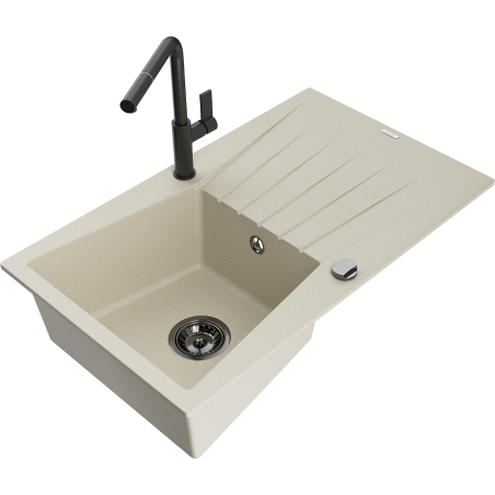 Mexen Cesar Granitspüle 1-beckig mit Abtropffläche und Küchenarmatur Flora, beige - 6514-69-670401-70-B