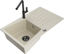 Mexen Cesar Granitspüle 1-Becken mit Abtropffläche und Küchenarmatur Flora, beige - 6514-69-670401-70-B